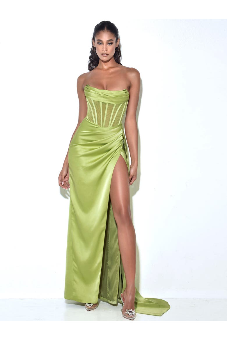 Prisa High Slit Drapping Corset Satin Gown, Alternate, color, Lime