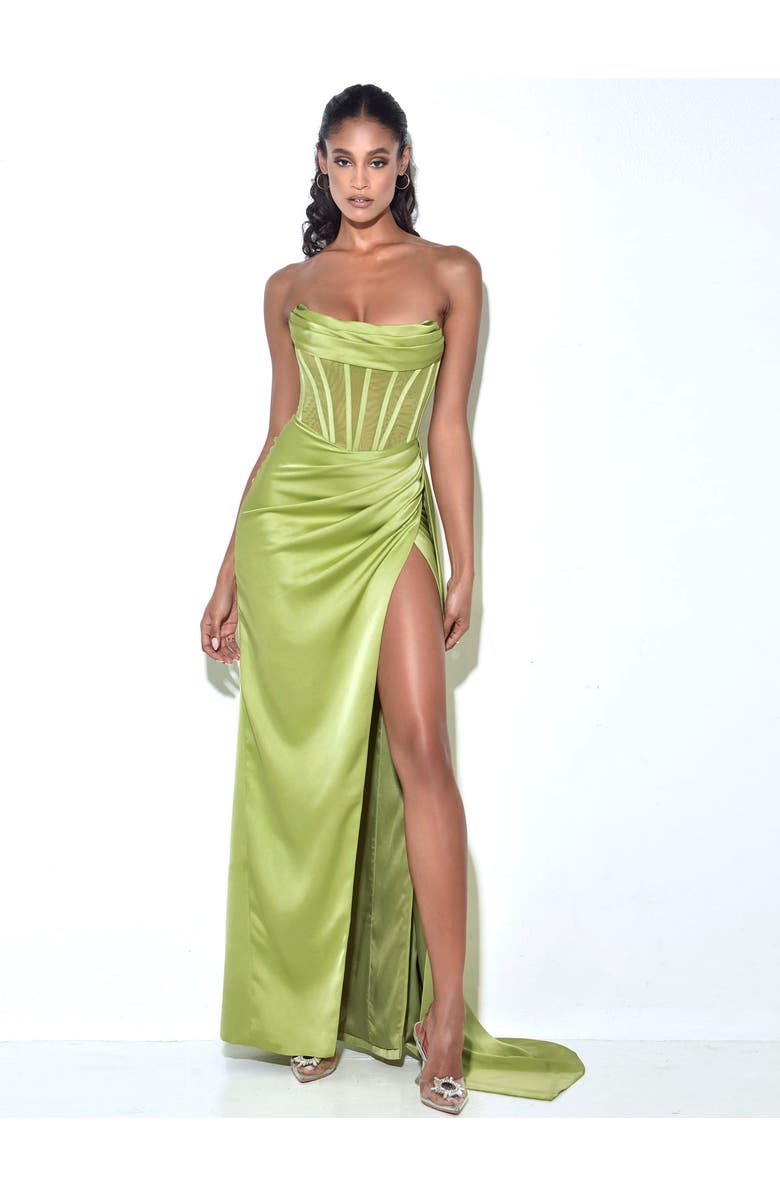 Miss Circle Prisa High Slit Satin Corset Gown, Alternate, color, Lime