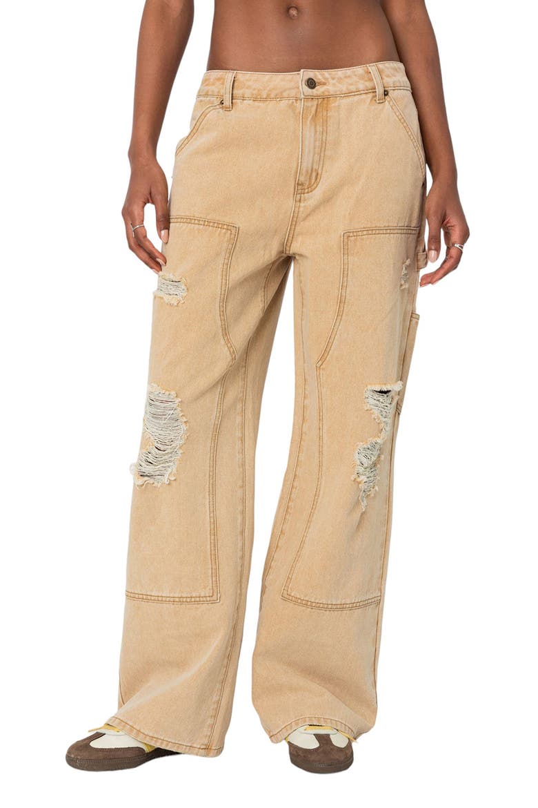 Alibi Distressed Low Rise Wide Leg Carpenter Jeans, Main, color, BEIGE