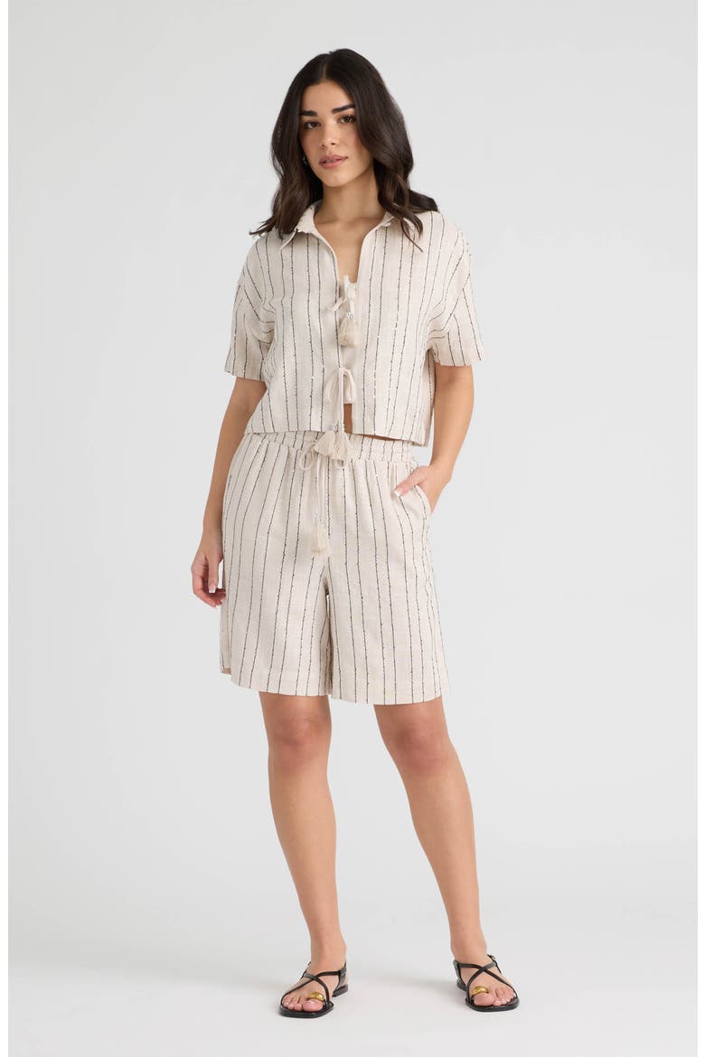 Sequin Tie Front Top, Alternate, color, NATURAL/ BLACK STRIPE