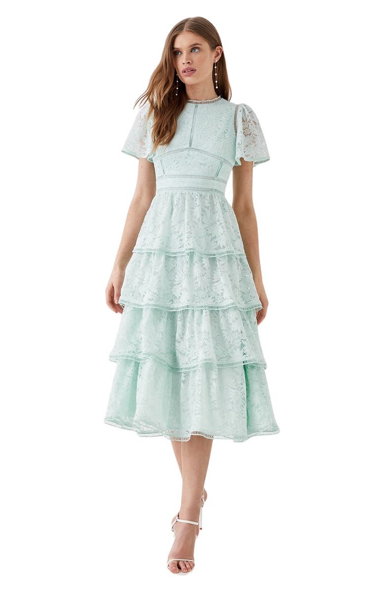 Coast Tiered Lace Dress With Flutter Sleeve, Main, color, Sage
