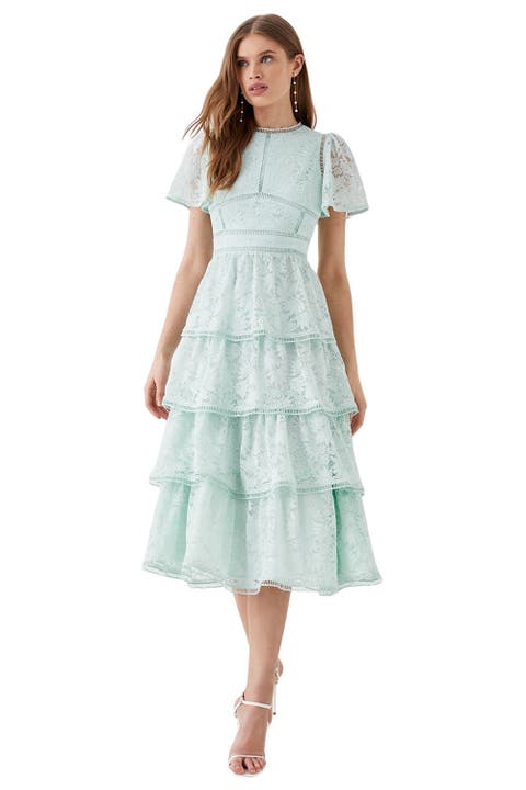 Flutter Sleeve Tiered Lace Dress
