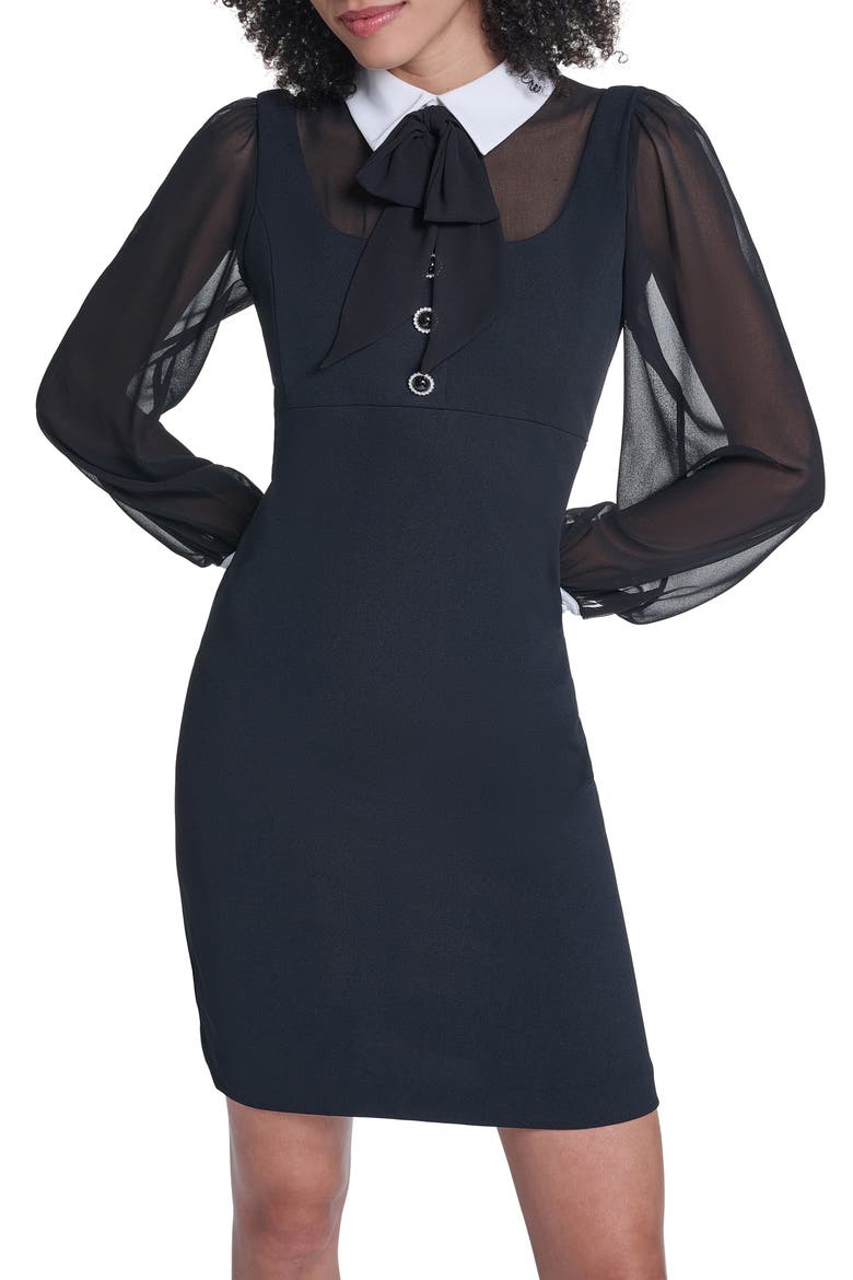 Long Sleeve Mixed Media Sheath Dress, Alternate, color, BLACK/ SOFT WHITE