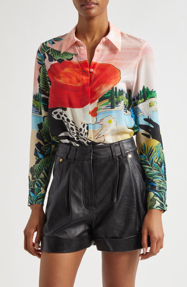 Alice + Olivia Willa Mixed Print Silk Button-Up Shirt, Main, color, 
