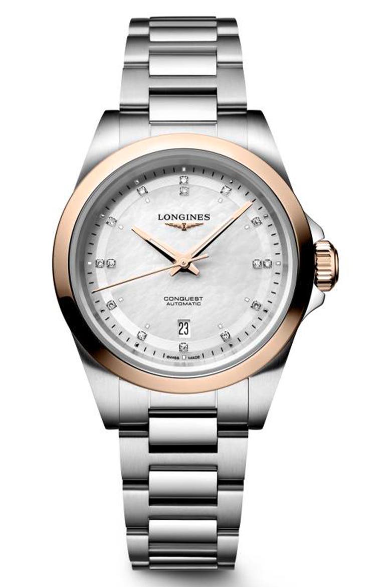 Conquest 18K Rose Gold Bezel, Mother-of-Pearl & Diamond Automatic Bracelet Watch, 30mm, Main, color, WHITE MOTHER-OF-PEARL