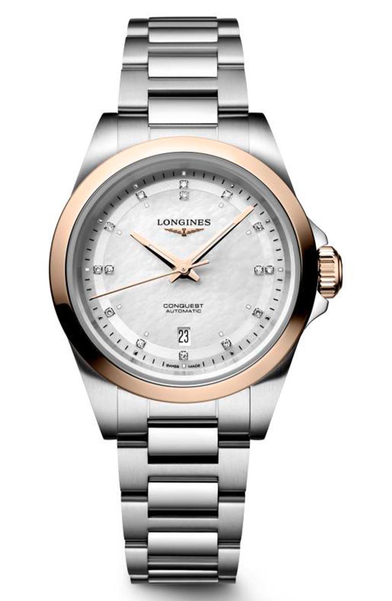 Longines Conquest 18K Rose Gold Bezel, Mother-of-Pearl & Diamond Automatic Bracelet Watch, 30mm, Main, color, White Mother-Of-Pearl