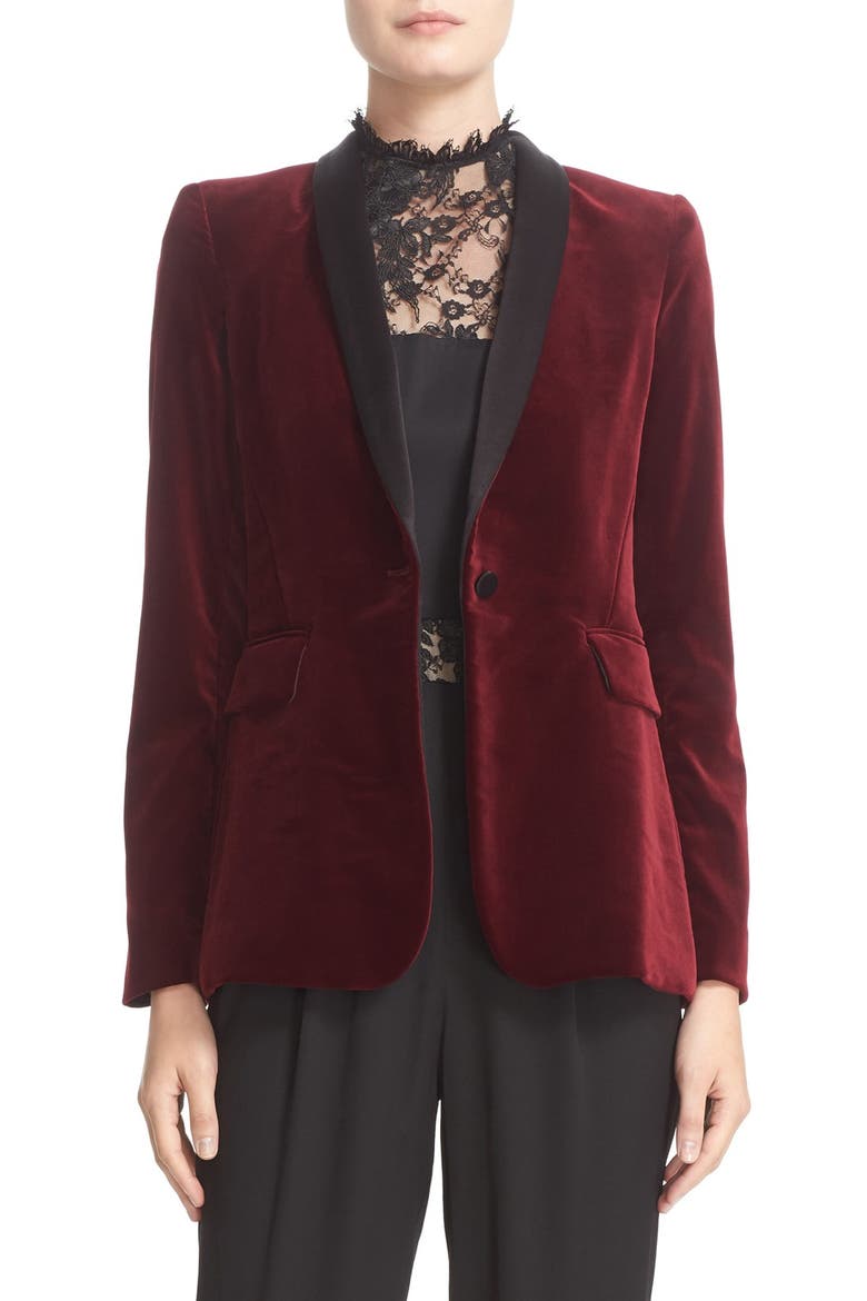 'Macey' Satin Lapel Velvet One-Button Blazer, Main, color, BORDEAUX/ BLACK