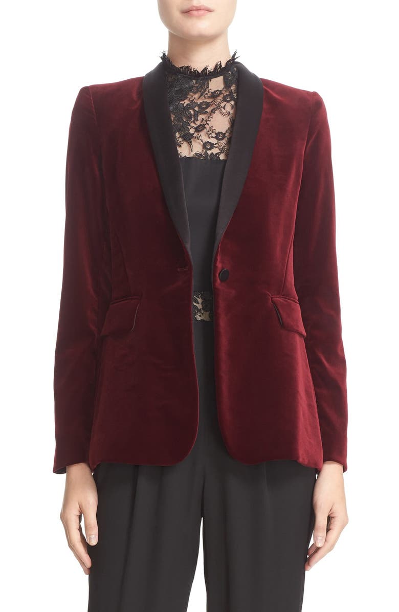 Alice + Olivia 'Macey' Satin Lapel Velvet One-Button Blazer, Main, color,