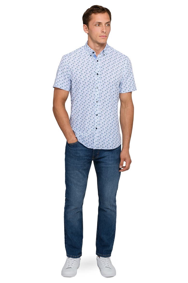 Abstract Geo Woven Short Sleeve Basic, Alternate, color, WHITE/BLUE