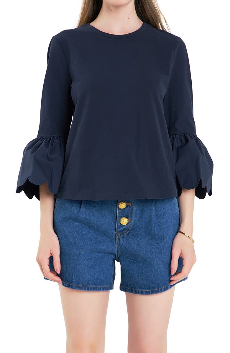 English Factory Scallop Bell Sleeve T-Shirt, Alternate, color, Navy