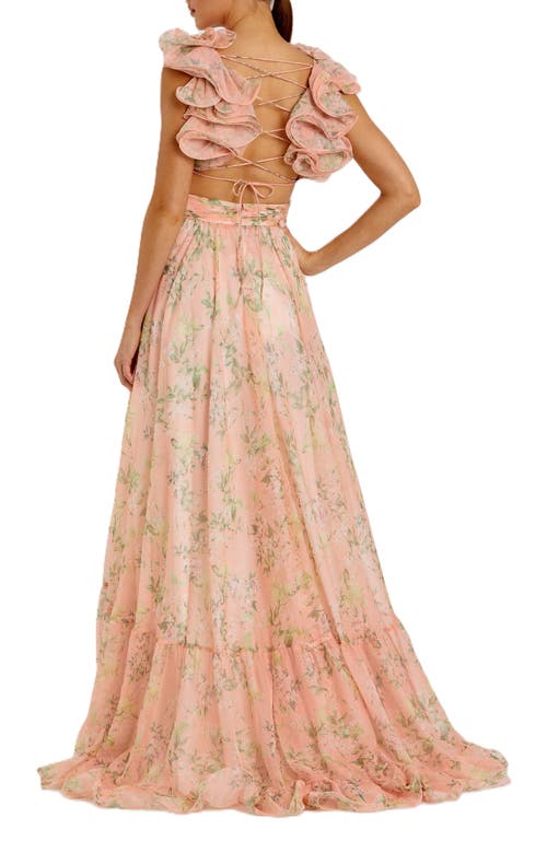 Mac Duggal Ruffle Tiered Floral Cut-out Chiffon Gown In Pink Multi