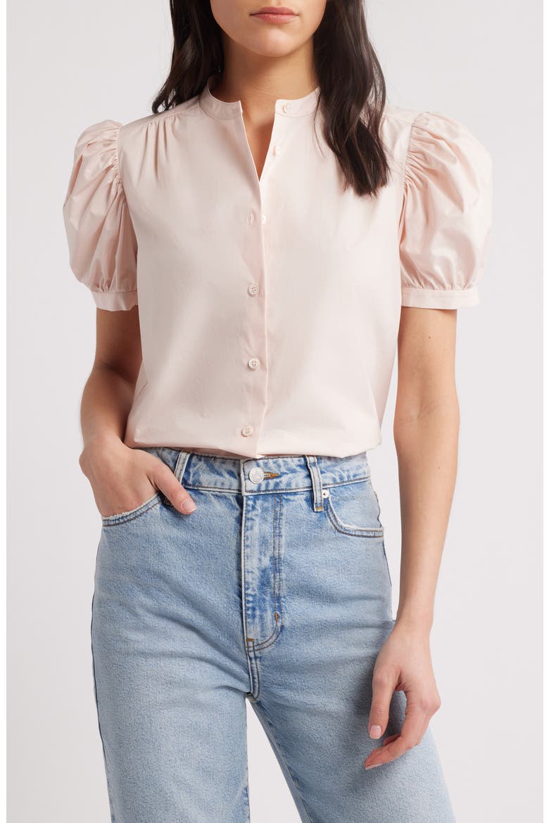 The Gathered Short Sleeve Button-Up Shirt, Main, color, LIGHT PINK