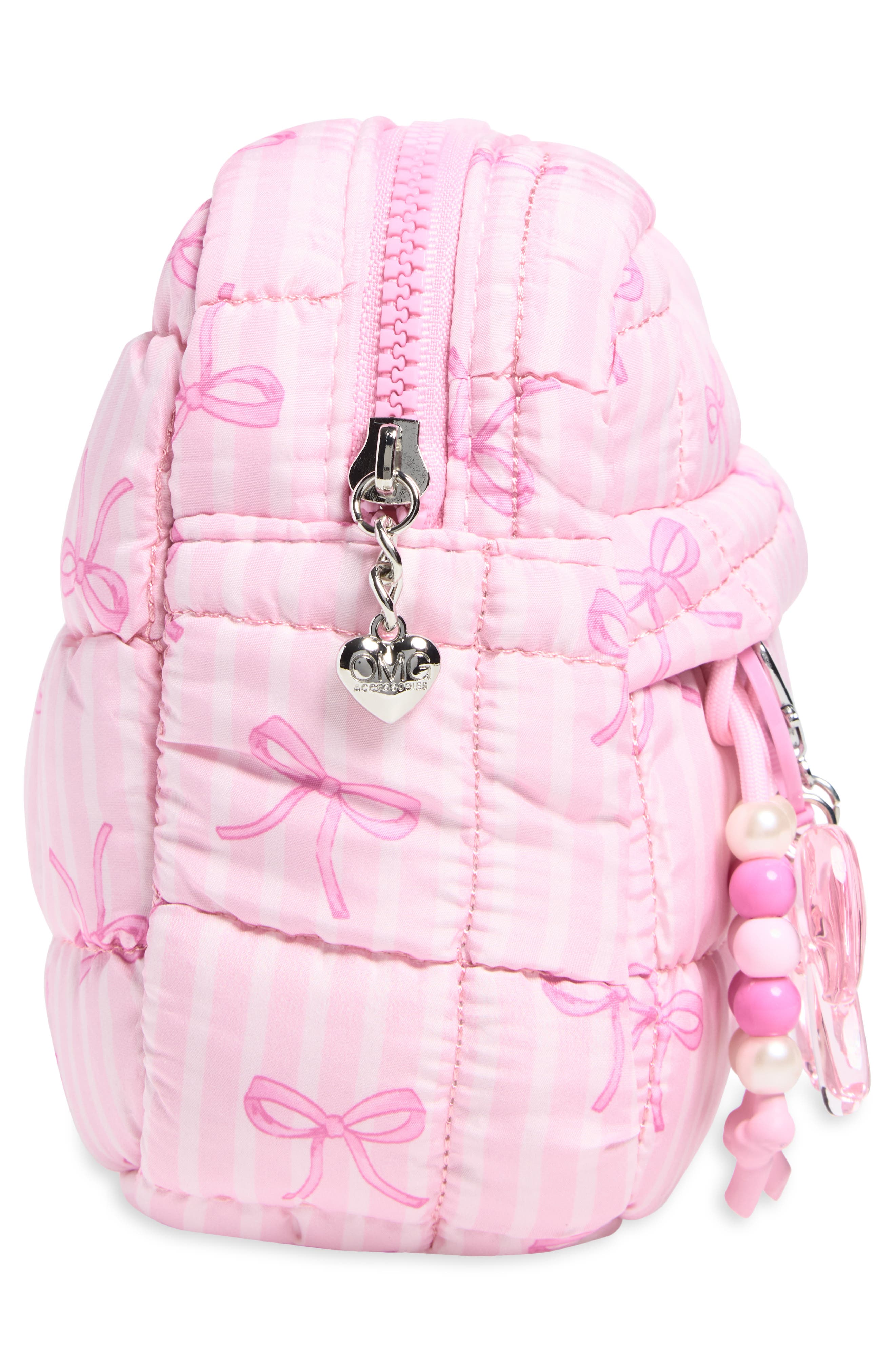 Kids' Bow Quilted Cosmetic Pouch with Charm, Alternate, color, LOLLIPOP