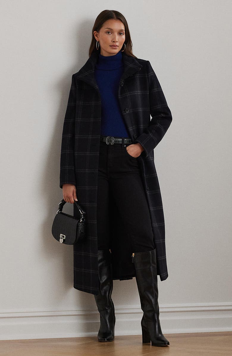 Lauren Ralph Lauren Plaid Wool Blend Longline Coat, Alternate, color, Navy/ Grey Windowpane
