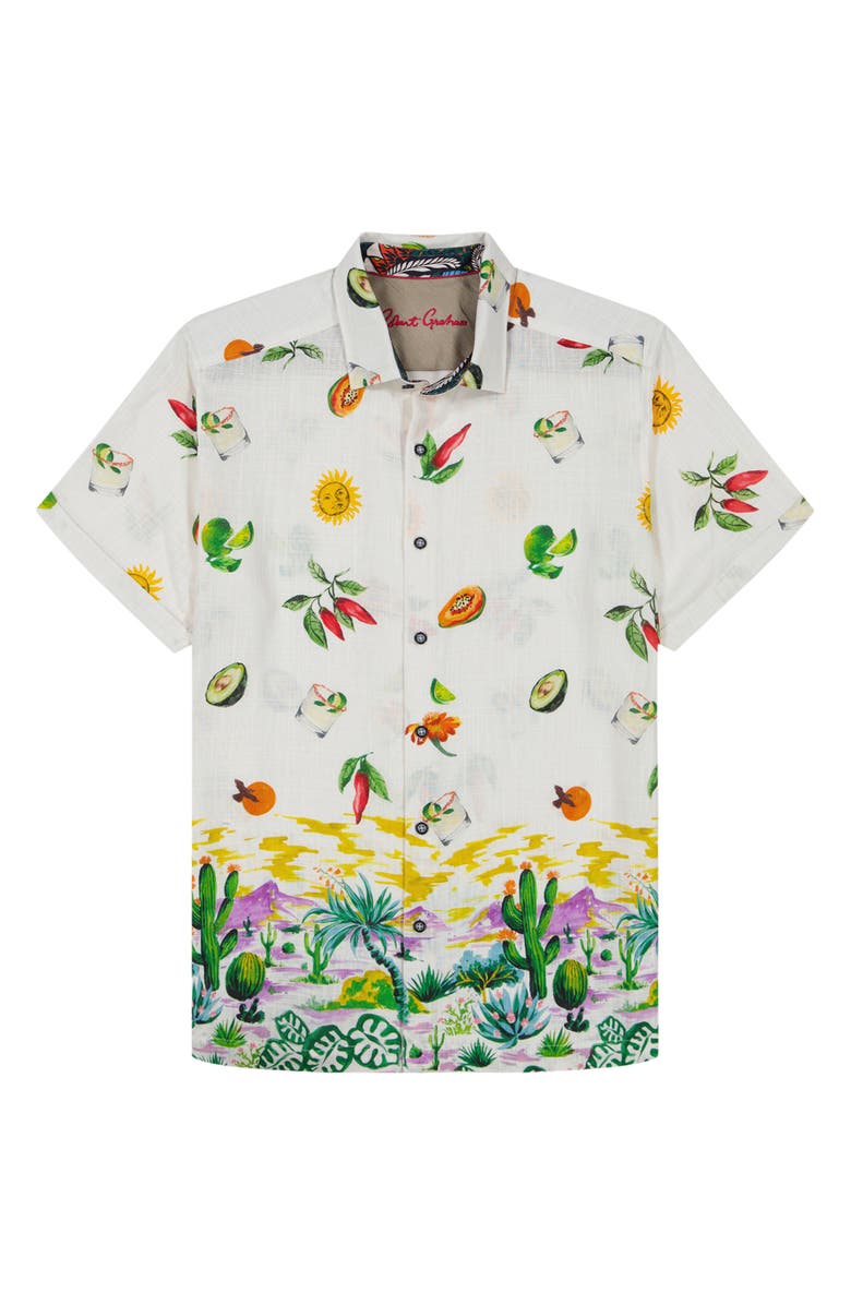 Robert Graham Mezcal Print Short Sleeve Button-Up Shirt, Alternate, color, White Multi