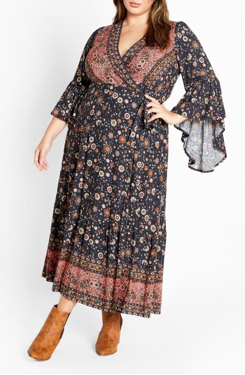 Adhara Mixed Print Long Sleeve Maxi Dress (Plus)