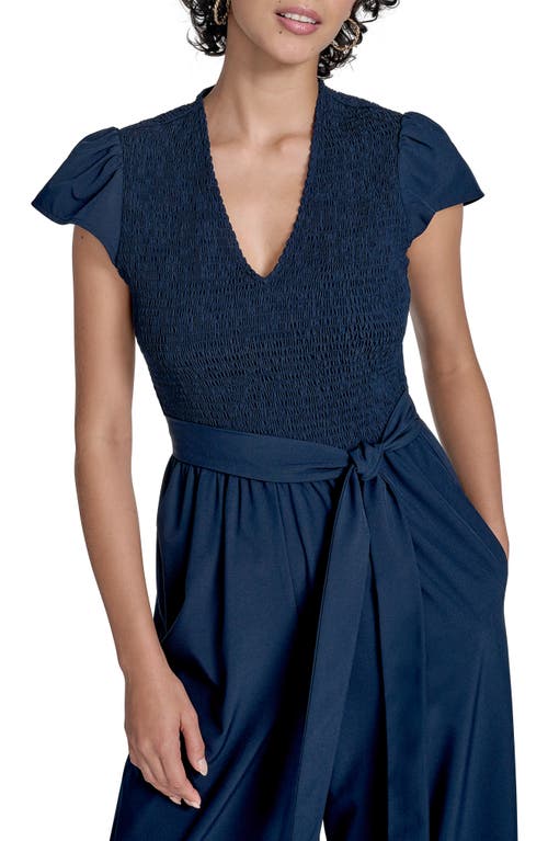 Calvin Klein Smocked Wide Leg Jumpsuit In Blue