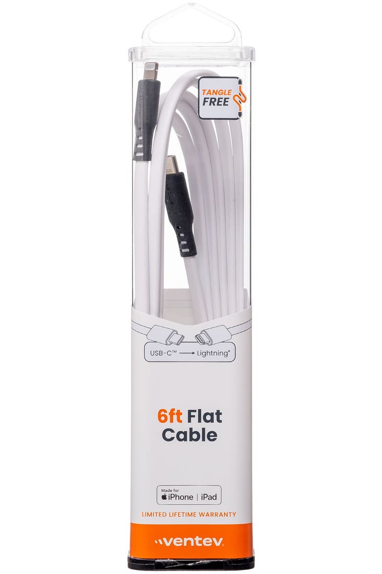 Flat USB-C to Apple Lightning High Speed Tangle-Free 6 Foot Cable, Alternate, color, White