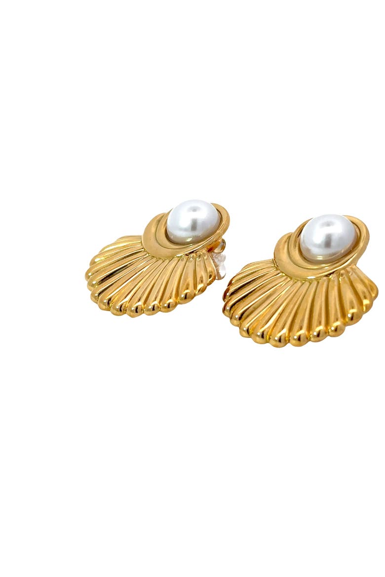 18K Yellow Gold Plated Crystal Pearl Shell Stud Earrings, Alternate, color, Yellow