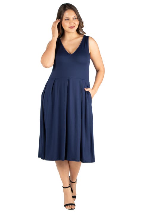 Plus Size Sleeveless Midi Fit and Flare Pocket Dress