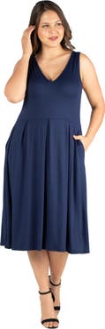 24seven Comfort Apparel Plus Size Sleeveless Midi Fit and Flare Pocket Dress