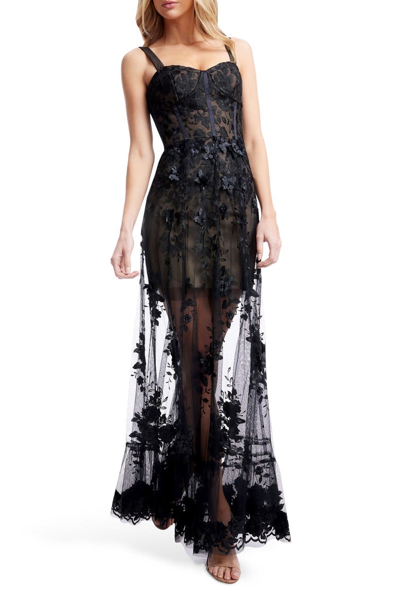 Anabel Sheer Lace Bustier Gown, Main, color, BLACK/ BEIGE