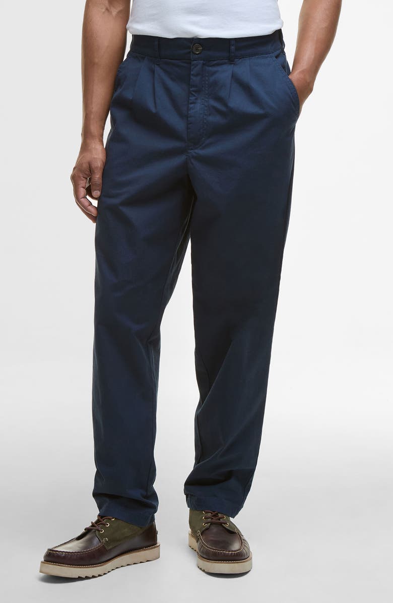 Barbour Cole Relaxed Fit Pleated Cotton Poplin Chinos, Main, color, Navy