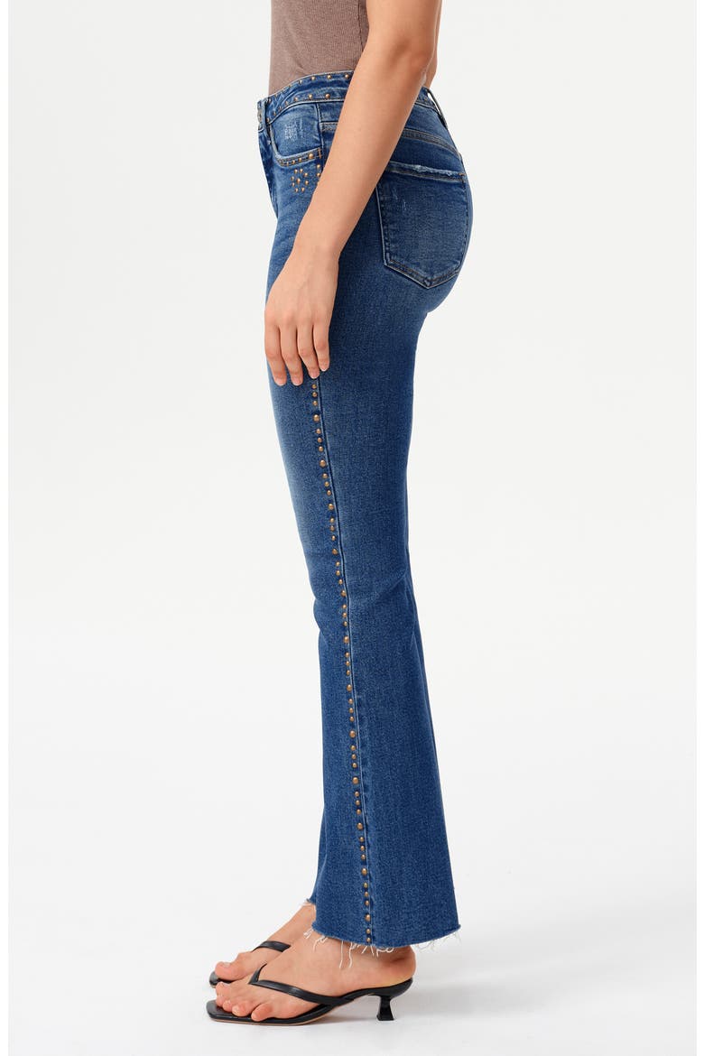 Rivet Studded High Waist Raw Hem Bootcut Jeans, Alternate, color, MEDIUM BLUE