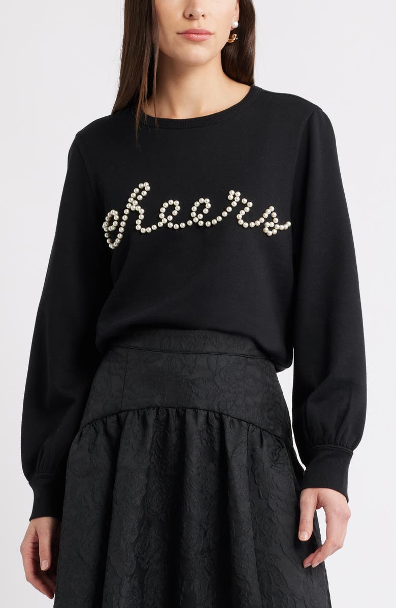 Caslon<sup>®</sup> Gretchen Imitation Pearl Embellished Balloon Sleeve Sweatshirt, Main, color, Black Cheers Embellishment