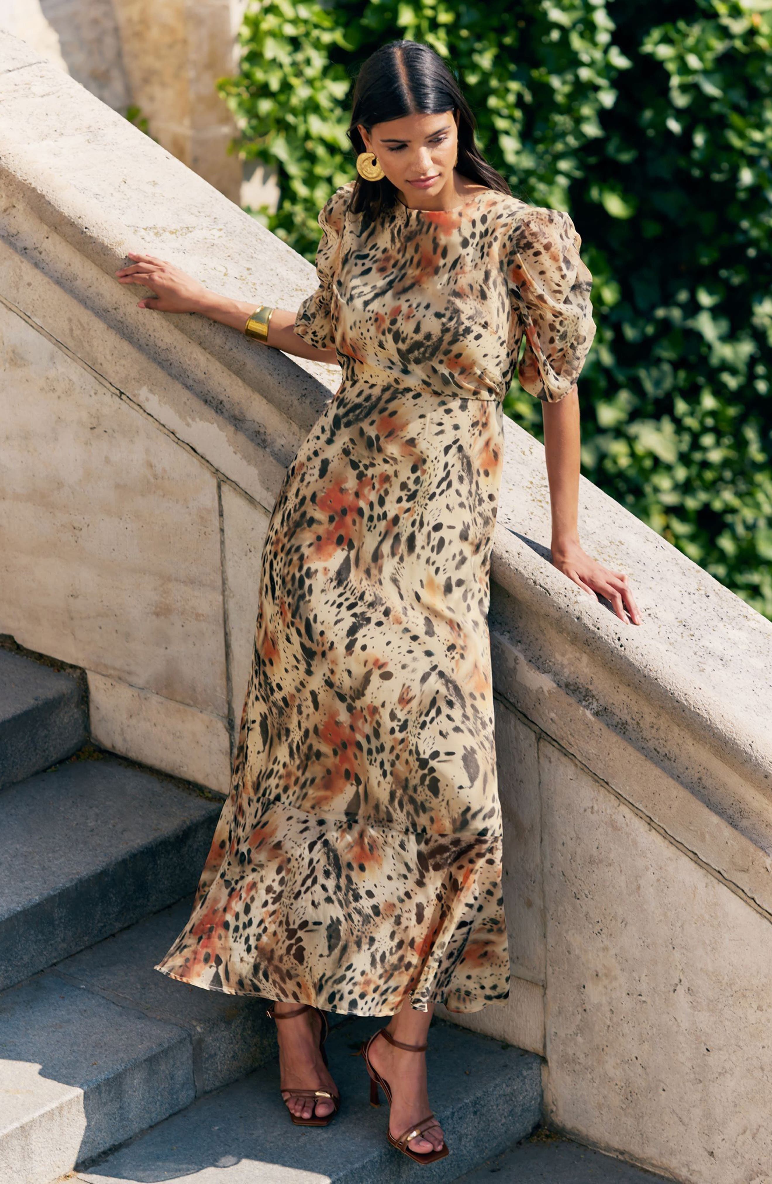 brown puff sleeve maxi dress Friends Like These Ruched Chiffon (Women) Elbow puff sleeves with homecoming 2025 Handmade Men brogue black Size:50