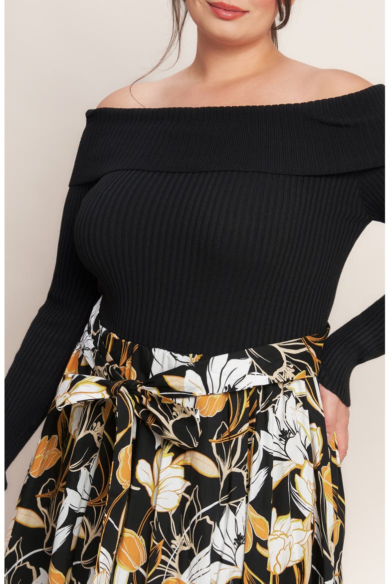 Off the Shoulder Long Sleeve Mixed Media Dress, Alternate, color, BLACK