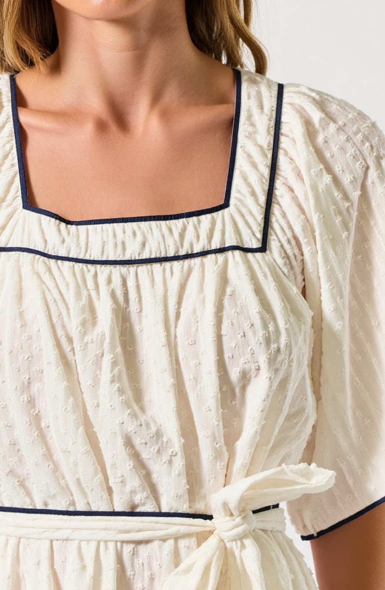 Modenaire Short-Sleeve Square-Neck Contrast Trim Mini Dress, Alternate, color, Ivory