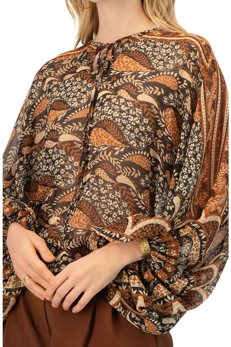 Dolman Paisley Blouse with Neck Ties, Alternate, color, Brown