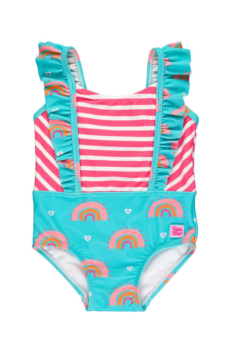 RuffleButts Baby Girls UPF50+ Pinafore One Piece, Main, color, Catching Rainbows