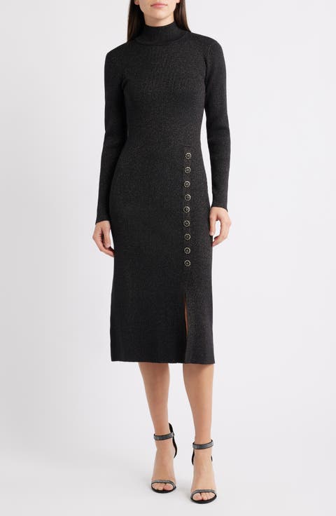 The Chaya Metallic Button Detail Long Sleeve Sweater Dress