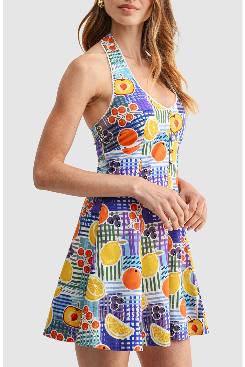 Halter Print Cotton Fit & Flare Dress, Alternate, color, BLUE FRUITS