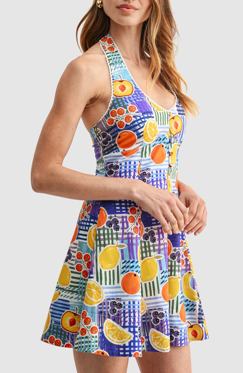 All in Favor Halter Print Cotton Fit & Flare Dress, Alternate, color, Blue Fruits