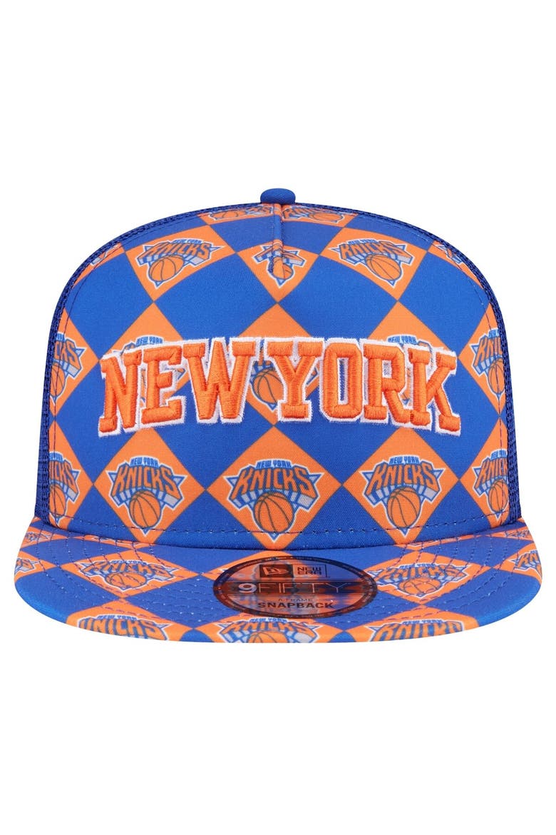 Men's New Era Blue New York Knicks Seeing Diamonds A-Frame Trucker 9FIFTY Snapback Hat, Alternate, color, Blue