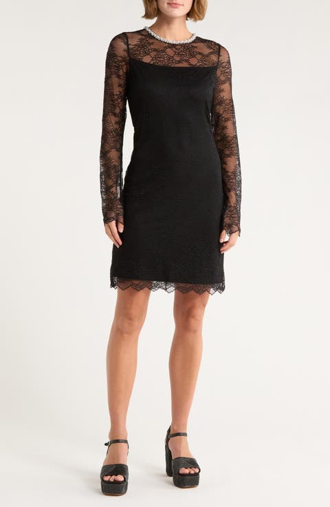 Delora Faux Pearl Embellished Long Sleeve Lace Dress
