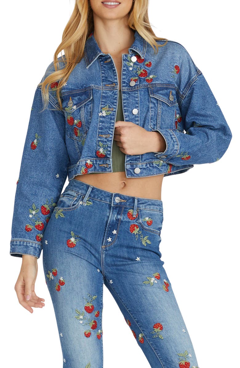Driftwood Trucker x Strawberry Fields Embroidered Crop Denim Jacket, Main, color,