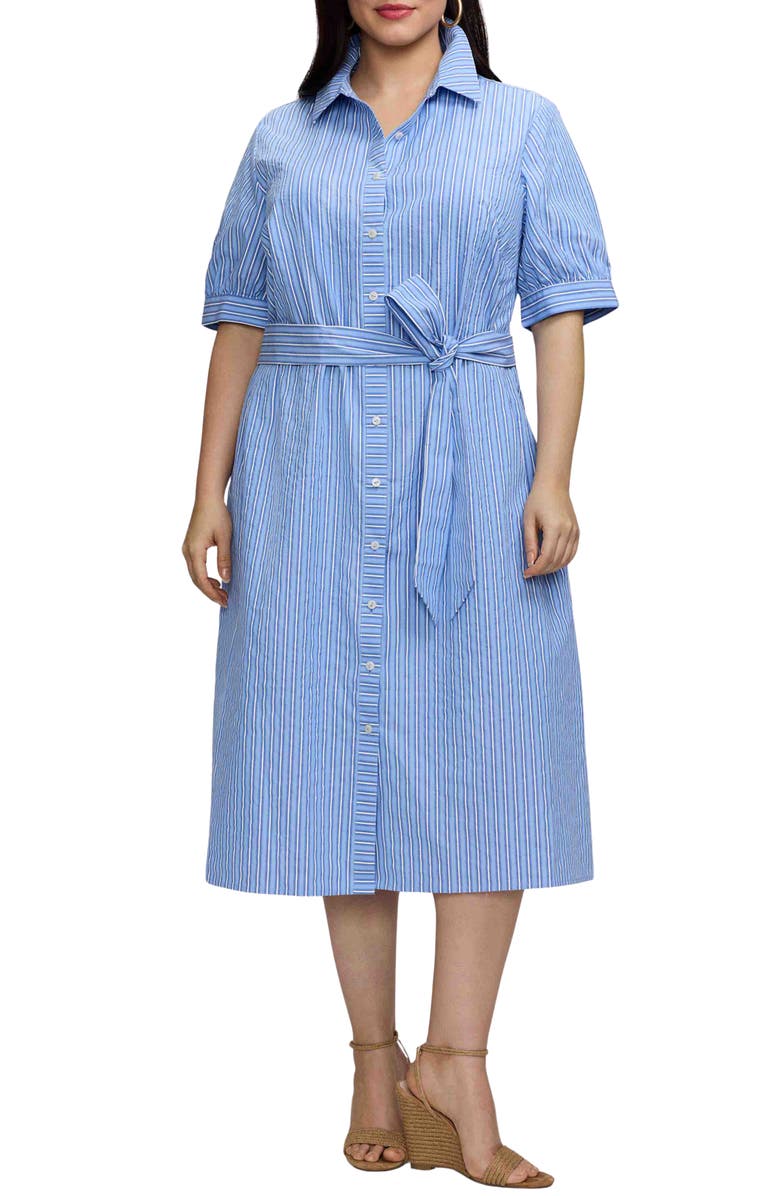 Foxcroft Esther Belted Stripe Cotton Shirtdress, Main, color, Blue Multi