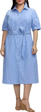 Foxcroft Esther Belted Stripe Cotton Shirtdress