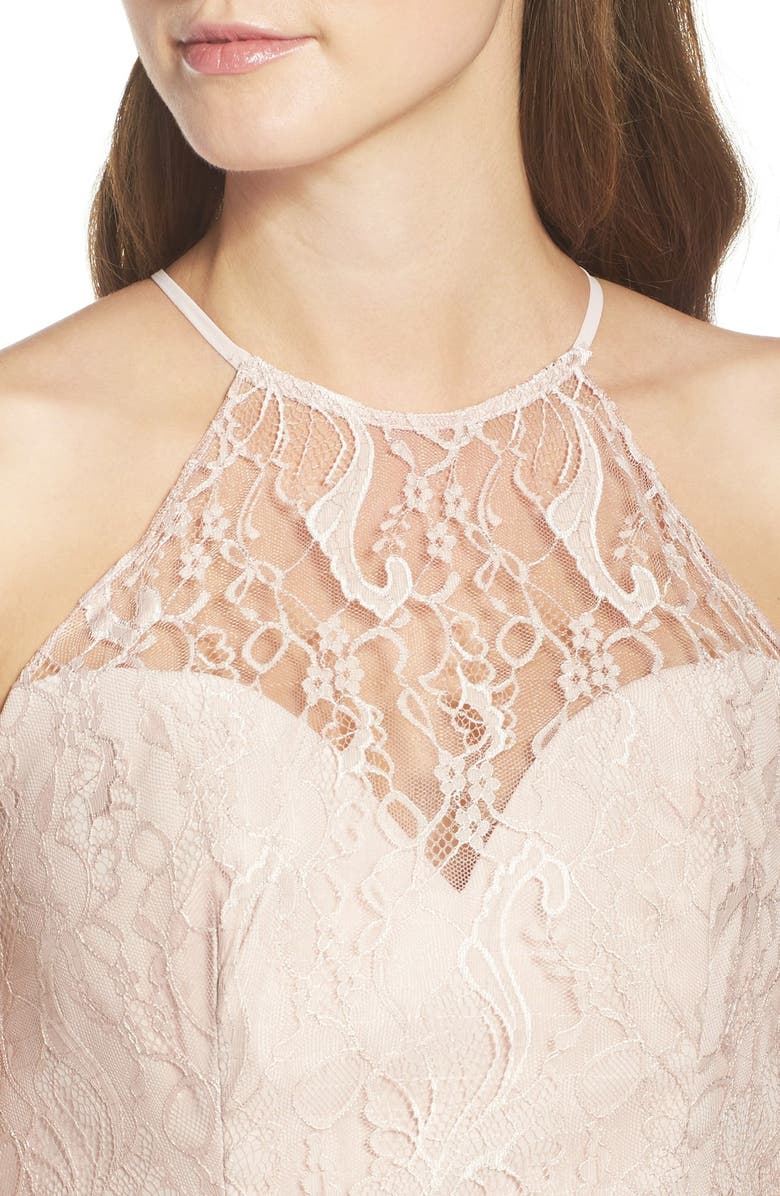 Hayley Paige Occasions Lace & Chiffon Halter Gown, Alternate, color, Rose/ Blush/ Cashmere