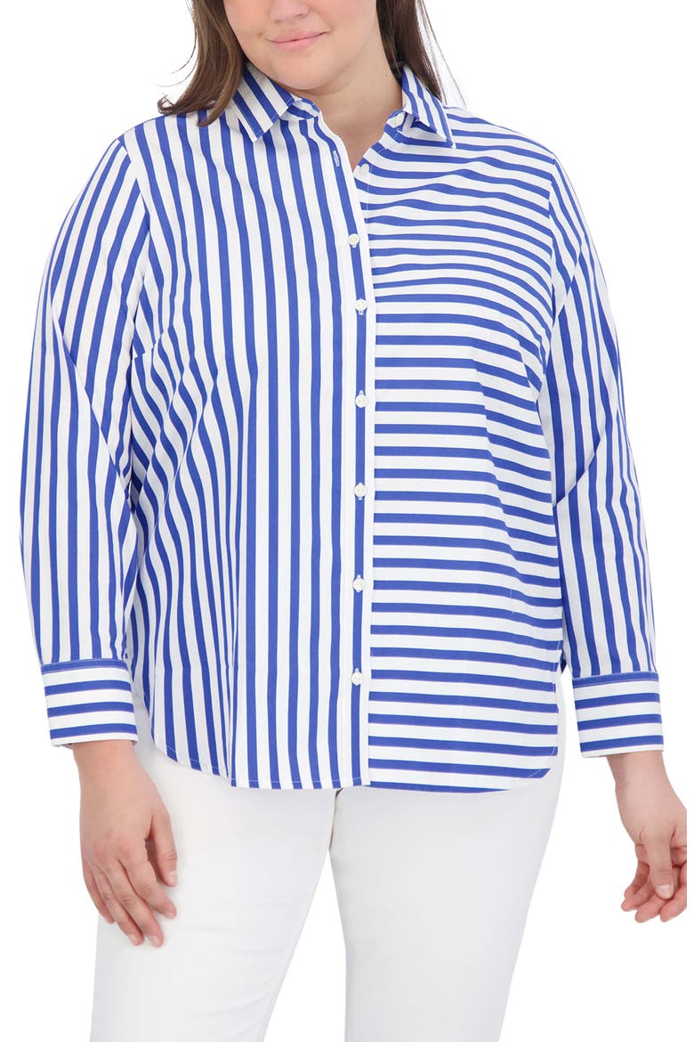 Mixed Stripe Cotton Sateen Button-Up Shirt, Main, color, BLUE/WHITE