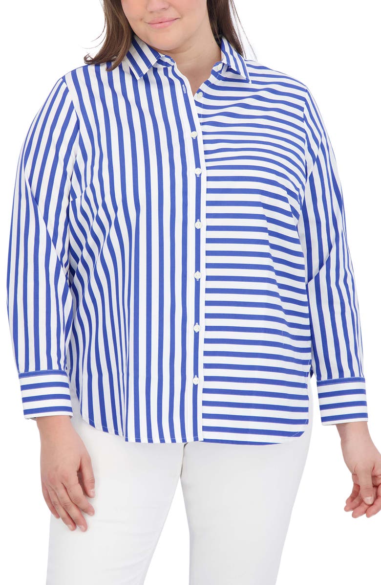 Foxcroft Mixed Stripe Cotton Sateen Button-Up Shirt, Main, color, Blue/ White