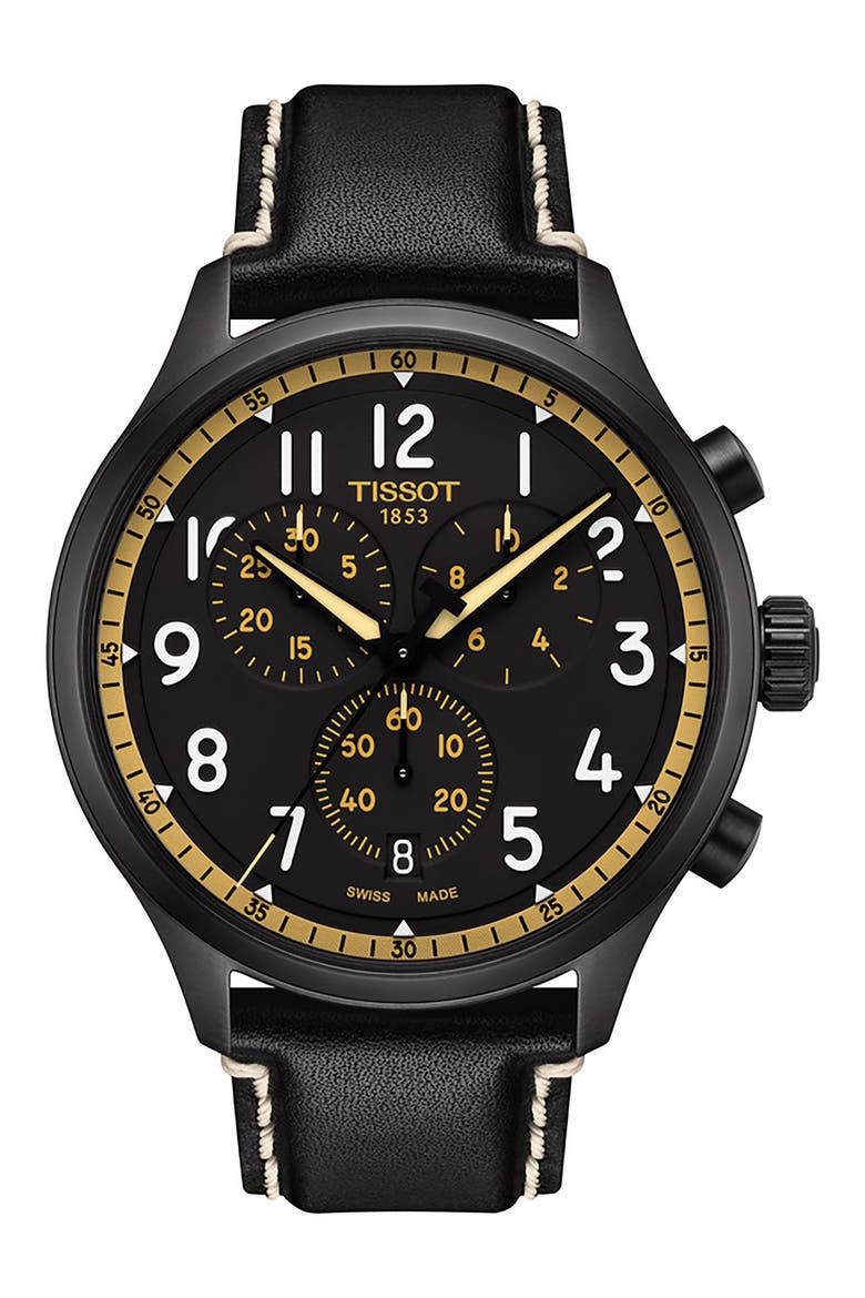 Chrono XL Chronograph Leather Strap Watch, 45mm, Main, color, BLACK