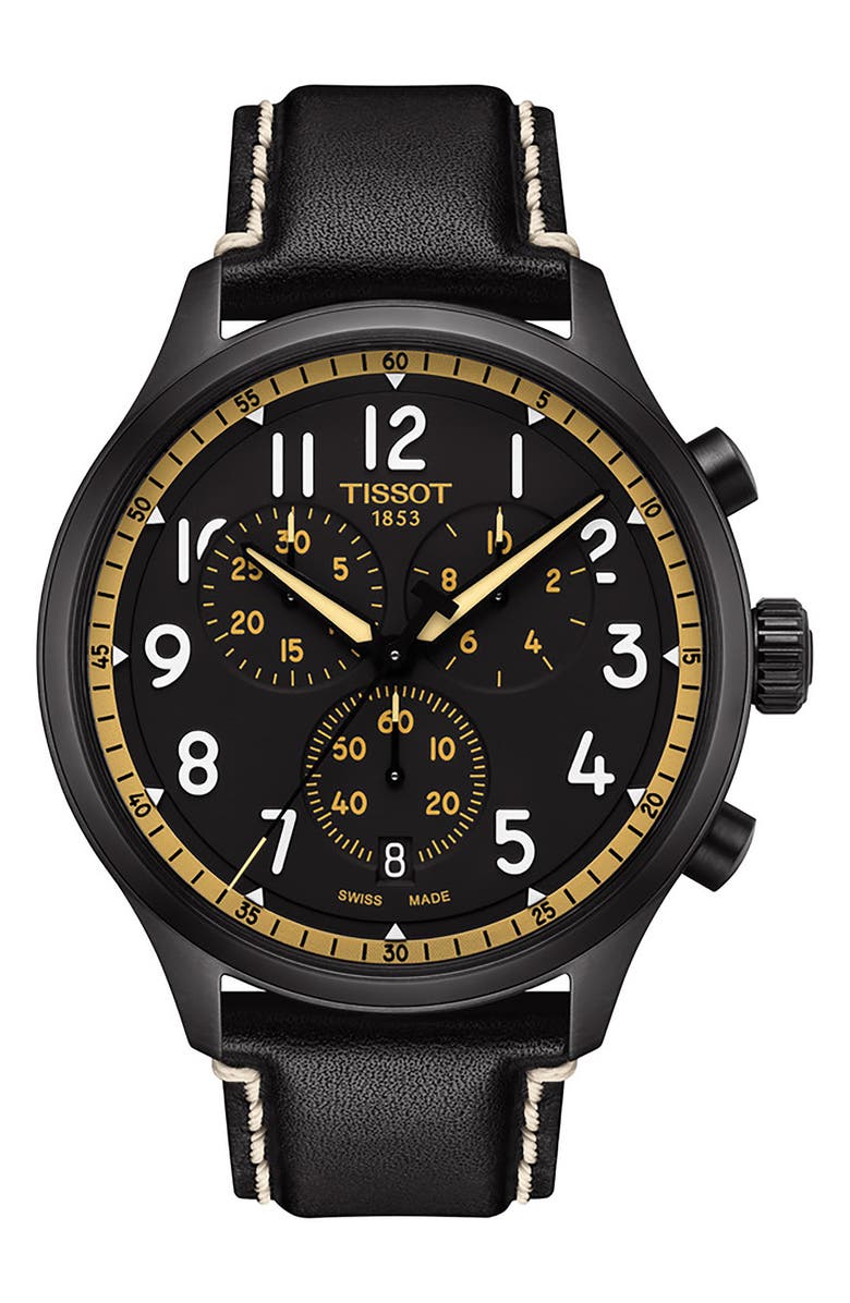 Tissot Chrono XL Chronograph Leather Strap Watch, 45mm, Main, color, Black/ Black