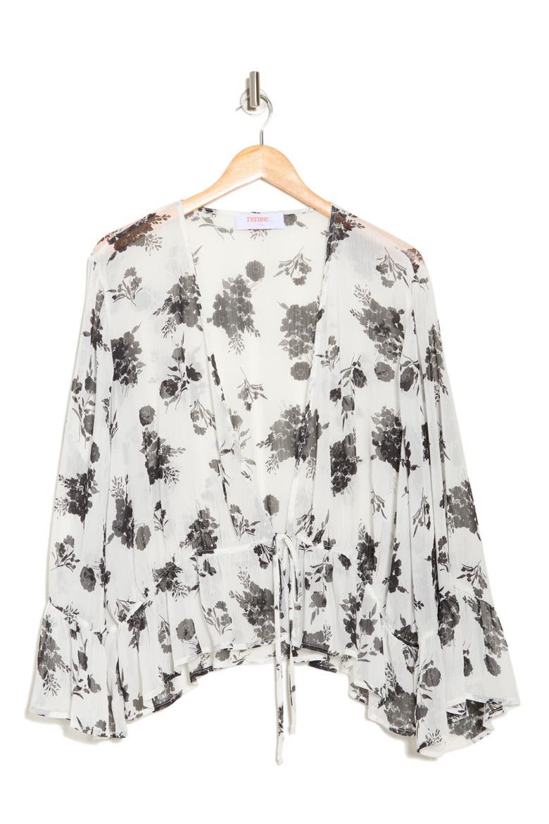 Floral Tie Front Top, Alternate, color, WHITE/ BLACK