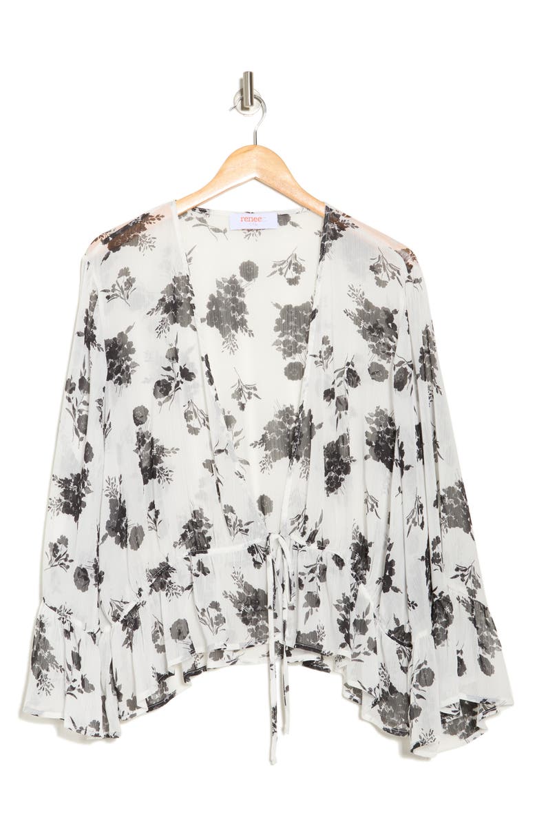 Renee C Floral Tie Front Top, Alternate, color, White/ Black