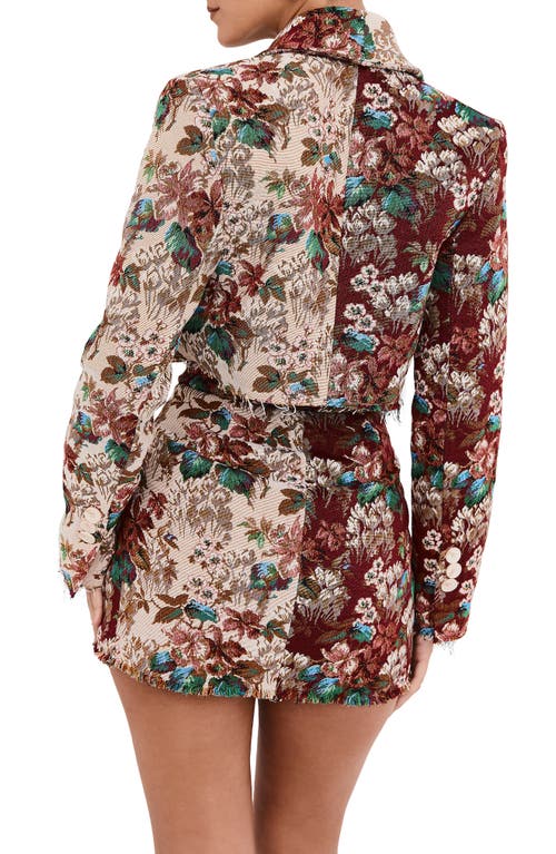 Shop Mistress Rocks Floral Jacquard Crop Blazer In Burgundy Multicolor